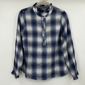 Talbots Petite Blue White Plaid Ruffle Neck Button Front Blouse Large Preppy